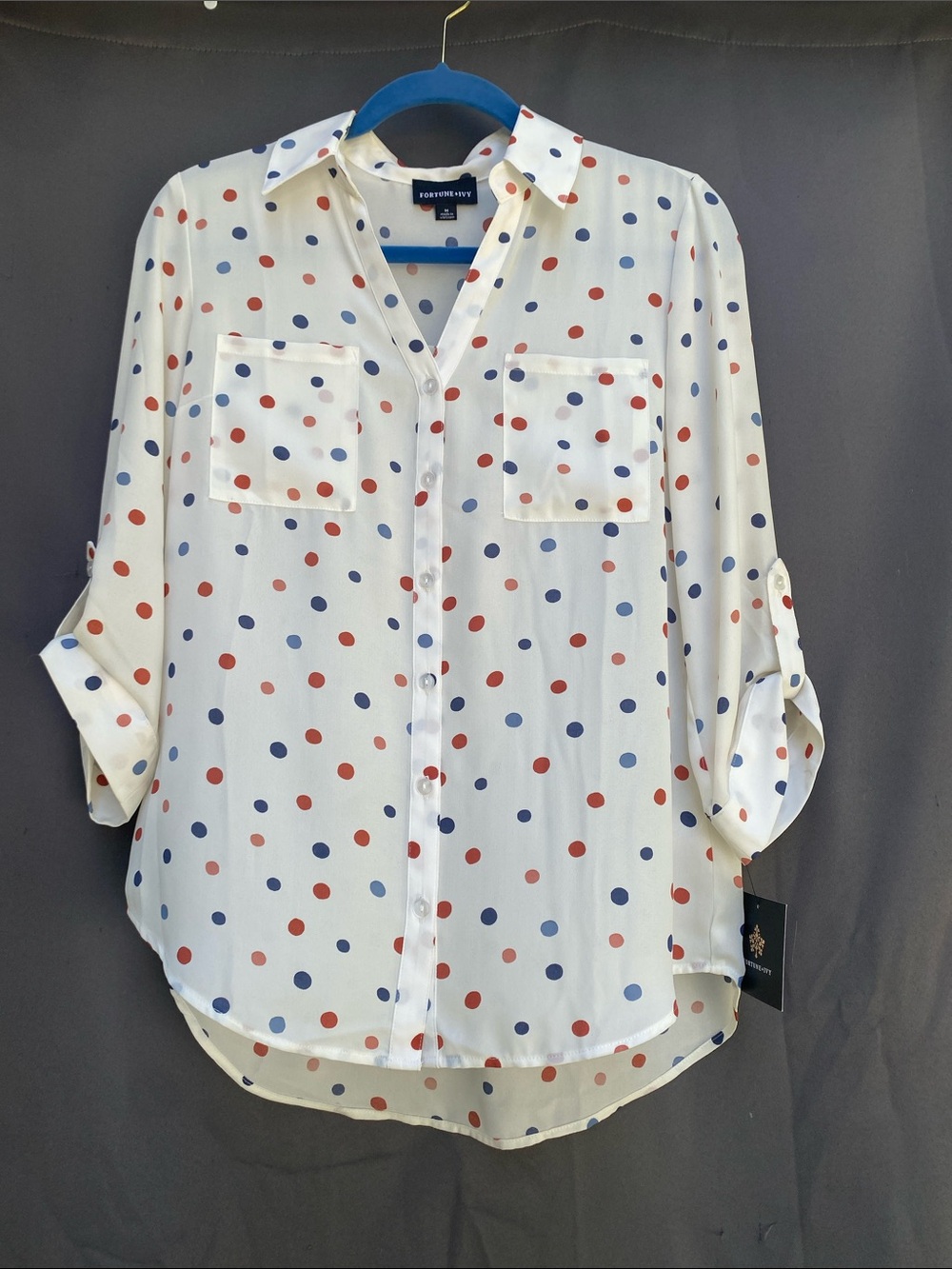 Worthington White Polka Dot Button-Up Shirt - Red & Blue Dots